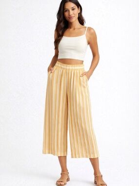 Anthropologie Cloth & Stone Striped Wide Leg Yellow Cropped Pants Linen Blend